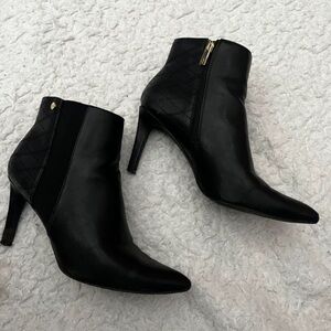 Calvin Klein Black Quilted Pointed Toe Ankle Booties with Gold Zip